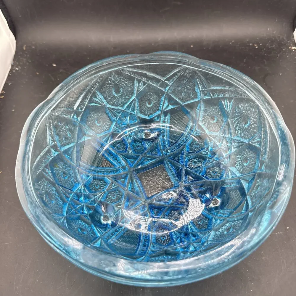 McKee Style Fentec Aqua Blue Pressed Glass Footed Bowl 6”
